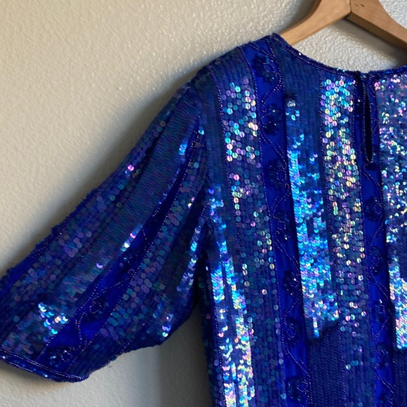 Vintage 80s 90s Tribout Silk Sequin Beaded Royal Blue Glam Event Party Top sz L - Picture 11 of 16